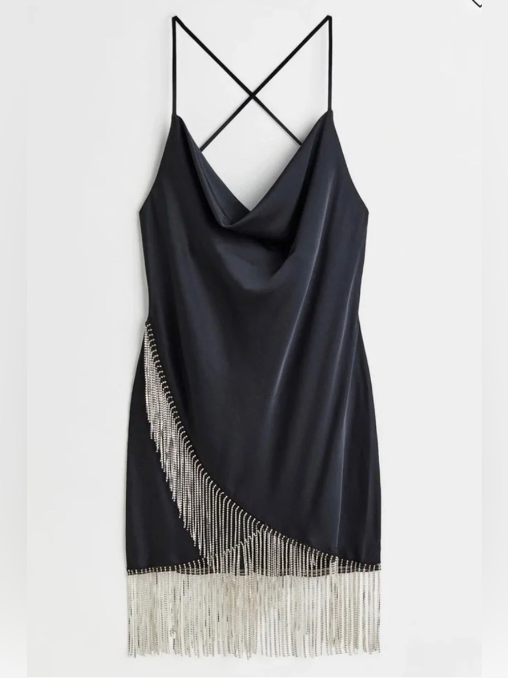H&M Black Satin Cowl Neck Crystal Fringe Slip Dress, size XXL